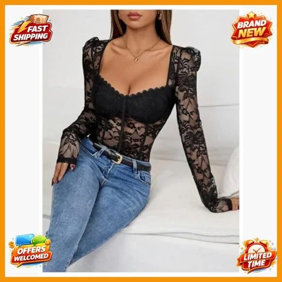 Floral Lace Long Sleeve V Neck Corset Mesh Leotard Bodysuit Medium